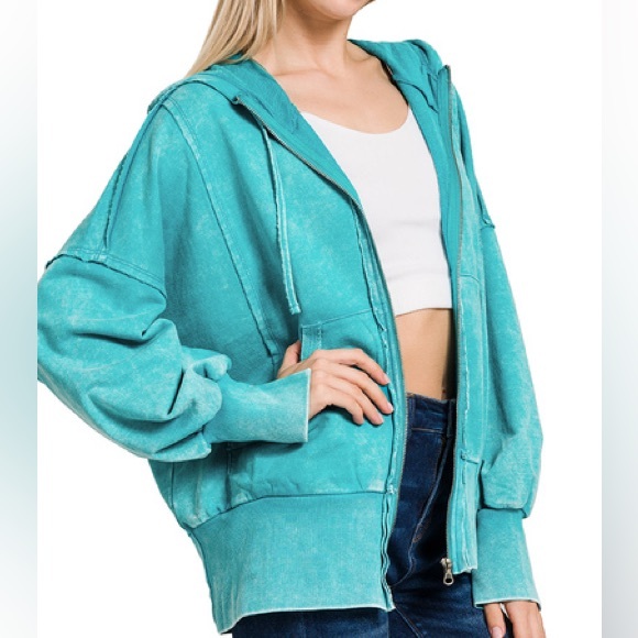 Tops - #69 🌸CLOSEOUT FIRM New! Oversized Acid Washed Zip up Sweatshirt Top with Hood